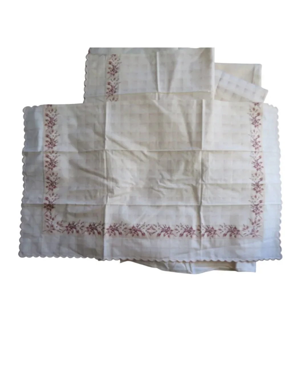 Vintage Floral Full Sheet Set 4-Piece Scalloped Edges Cream & Burgundy Muslin